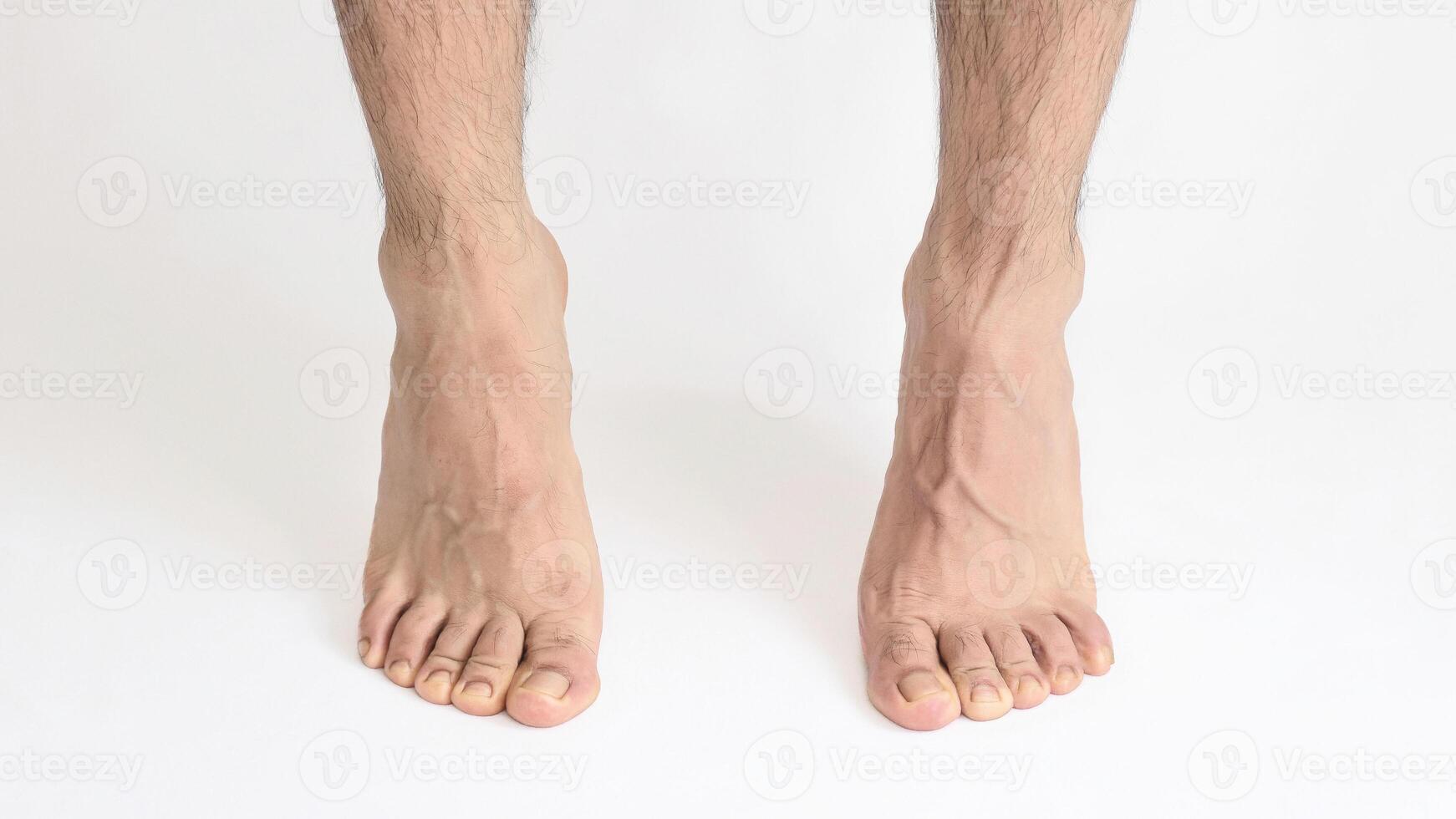 Adult man foot viewed from the inner ankle, standing on tiptoe, left foot with space for text, white background, full foot photo
