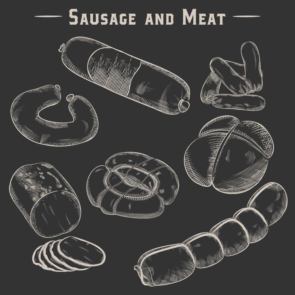 Meat outline icon set illustration. Hand drawn sausages and sausages in white lines meat collection on black vector