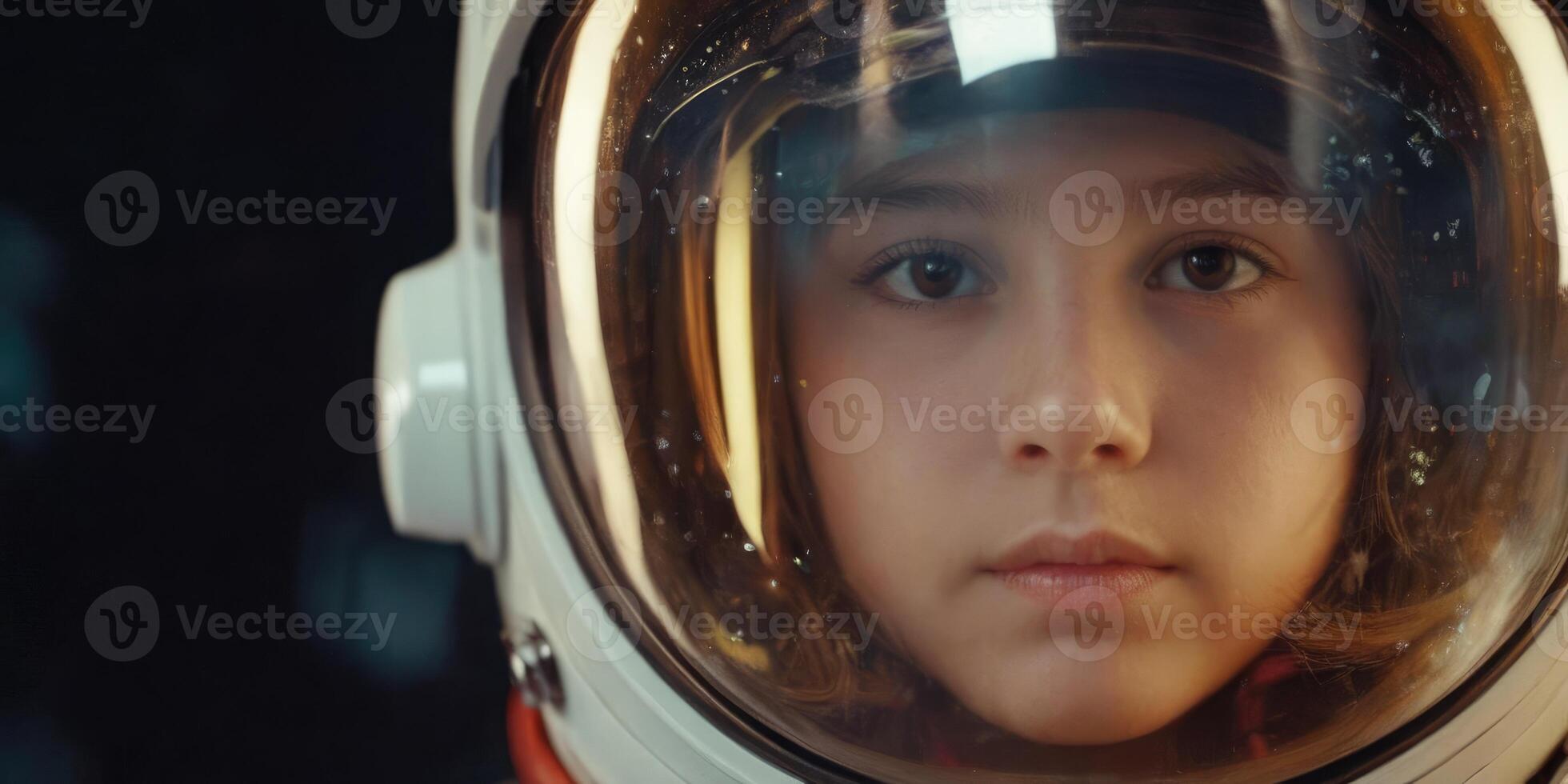 Girl astronaut straight into the camera, tired look. Dreams of a child to be an astronaut. photo