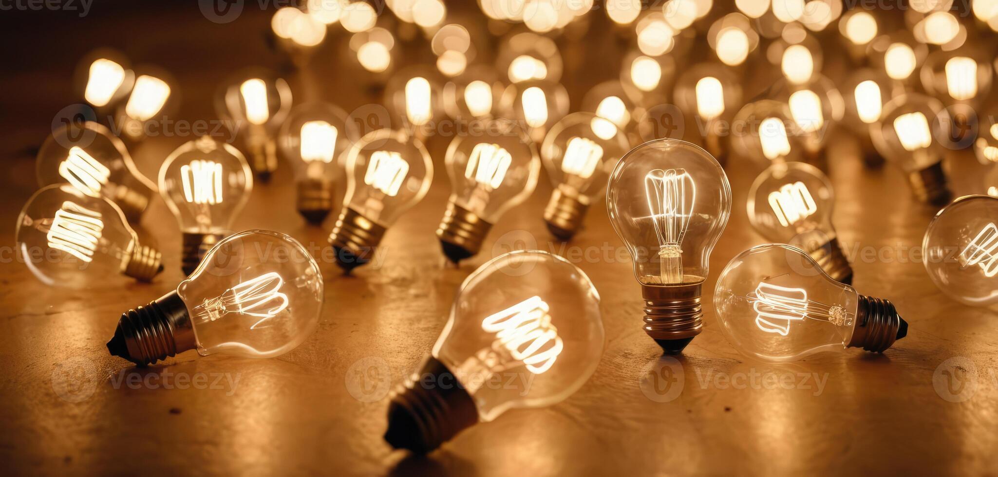 Lots of light bulbs scattered on the floor and glowing on their own. photo
