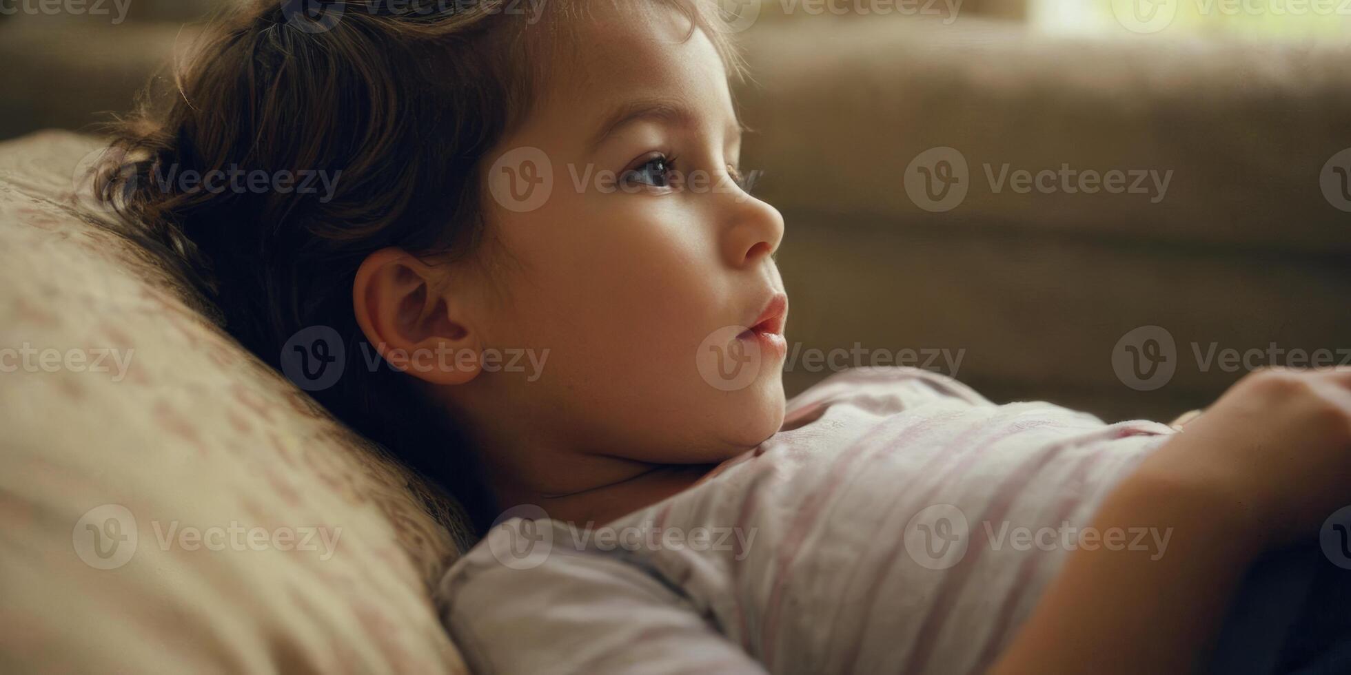 The boy lies back and stares dreamily to the side. The child is a brunette in a striped T-shirt. photo