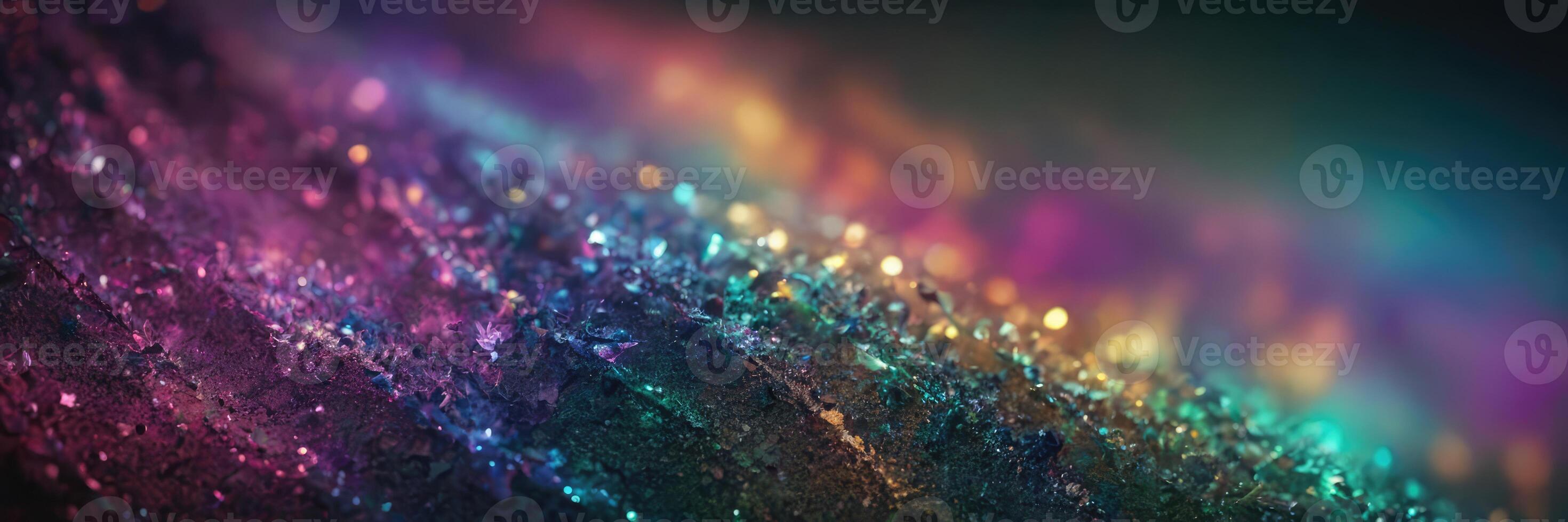 Small crystals on the ground reflect multicolored light. Close-up. photo
