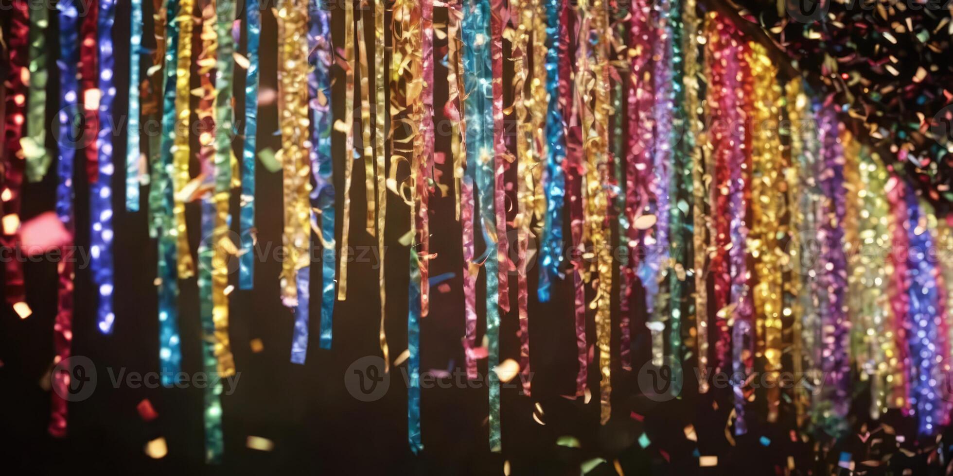 Multicolored Christmas tinsel dangles. Bright lights and a festive atmosphere. photo