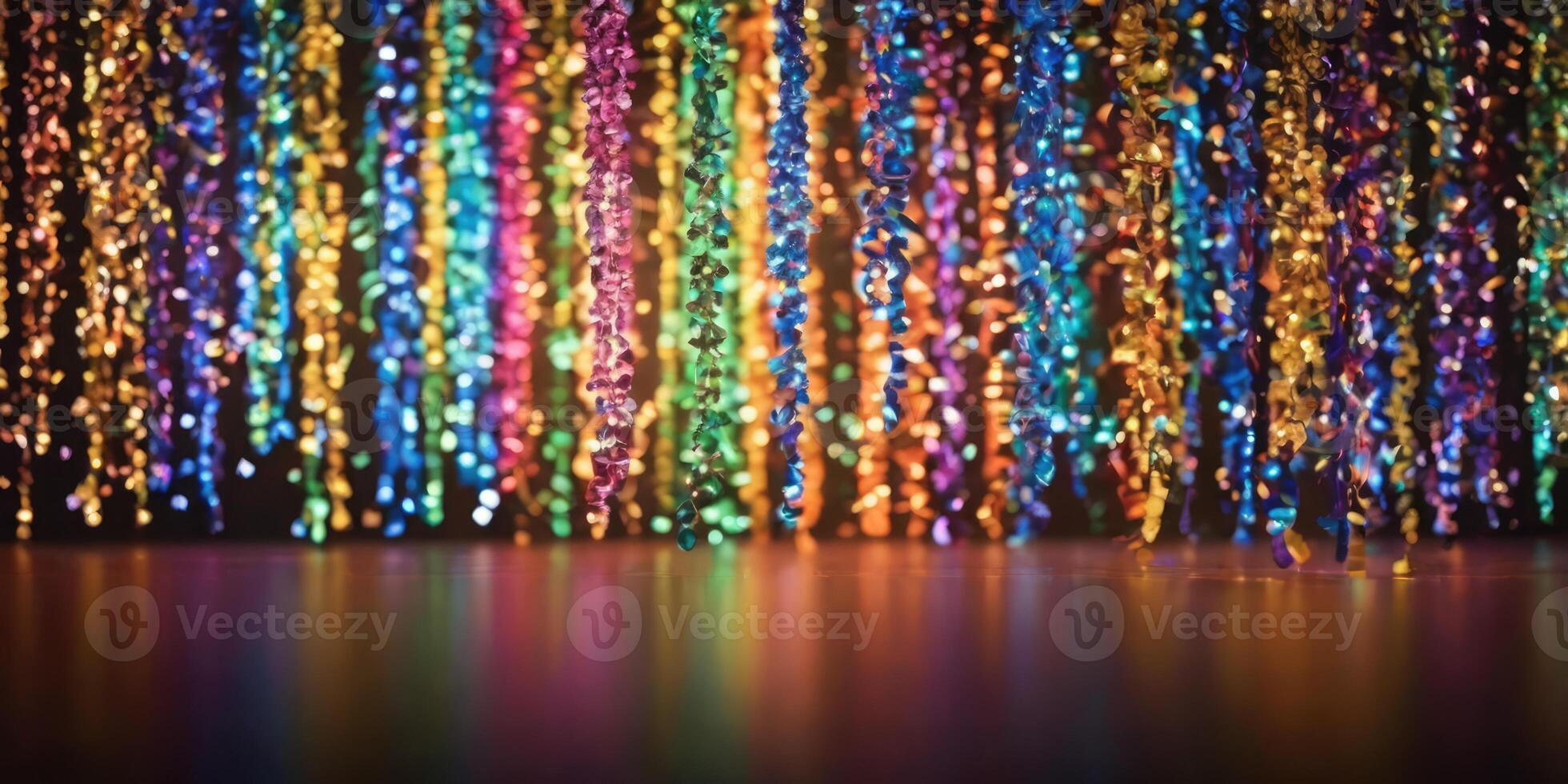 Multicolored Christmas tinsel dangles. Bright lights and a festive atmosphere. photo