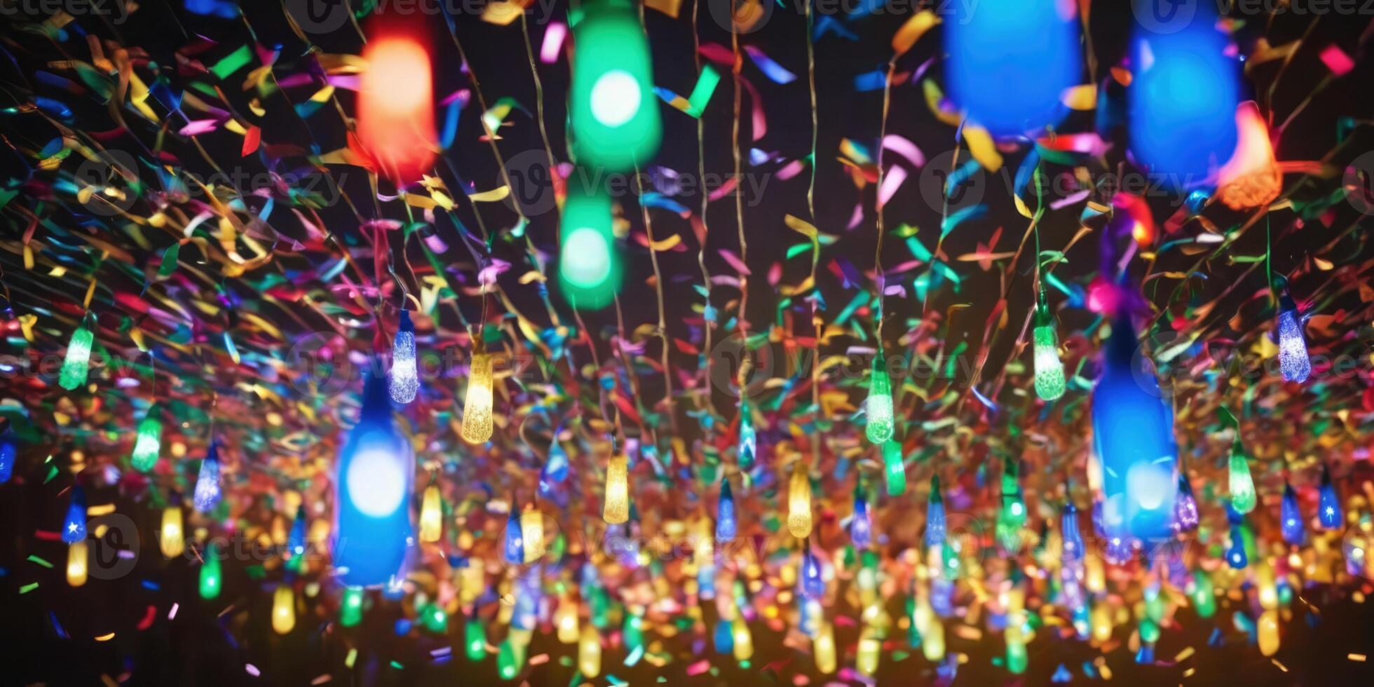 Multicolored Christmas tinsel dangles. Bright lights and a festive atmosphere. photo