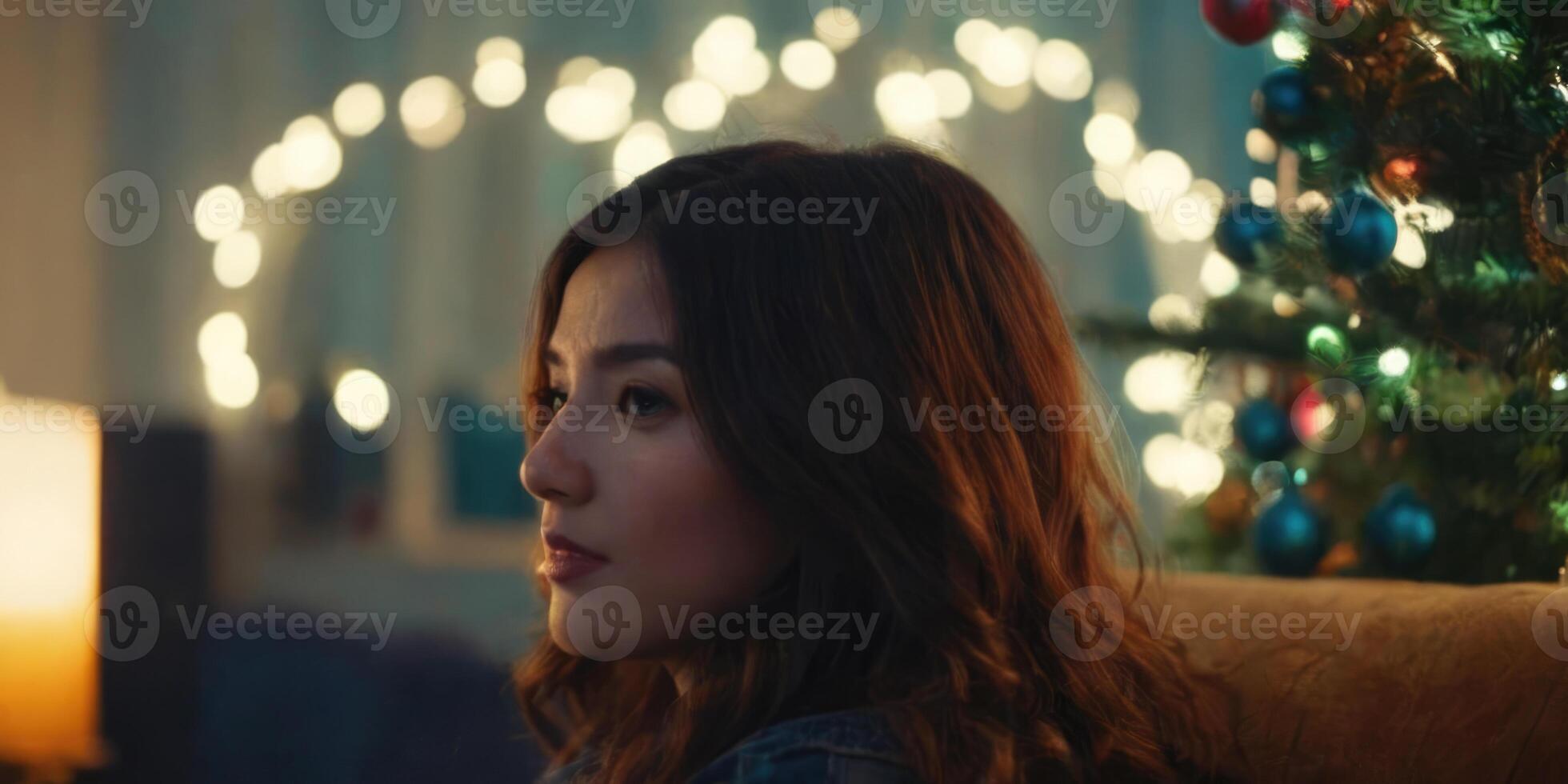 A girl sitting by the Christmas tree. Beautiful girl in Christmas atmosphere. In the background Christmas tree and lights of garlands. photo