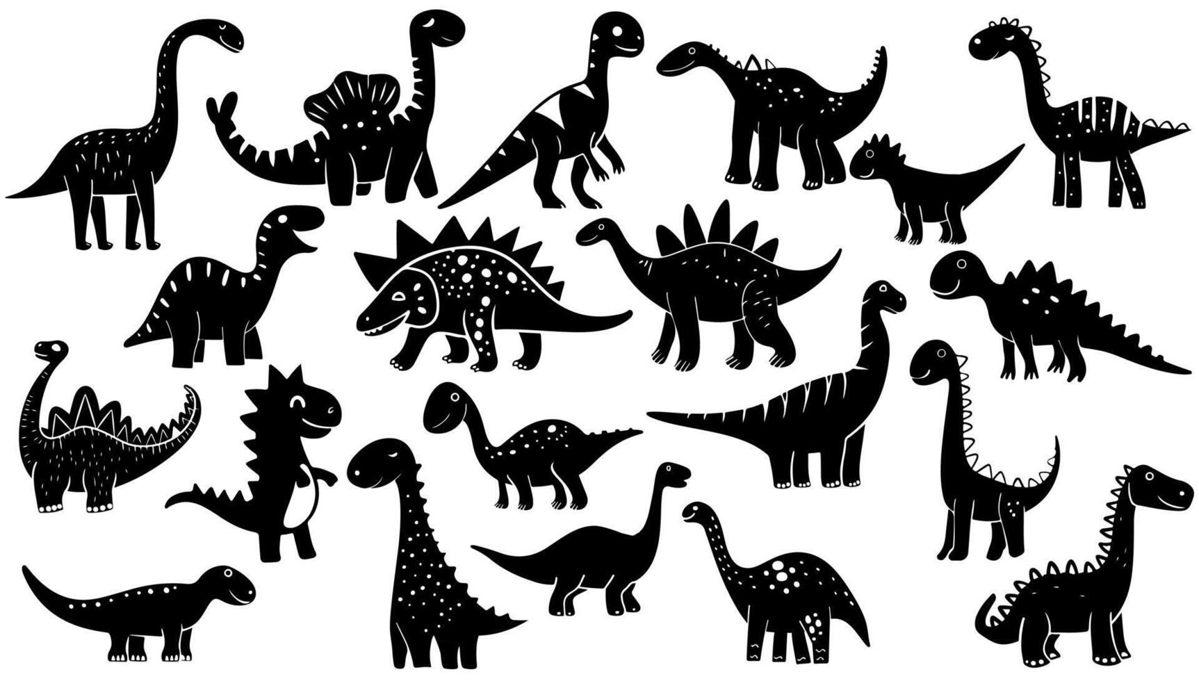 illustration black and white hand-drawn childish set dinosaur. Cartoon animal design collection reptile sketch and dino character. Cut outline monster drawing and funny dragon silhouette vector