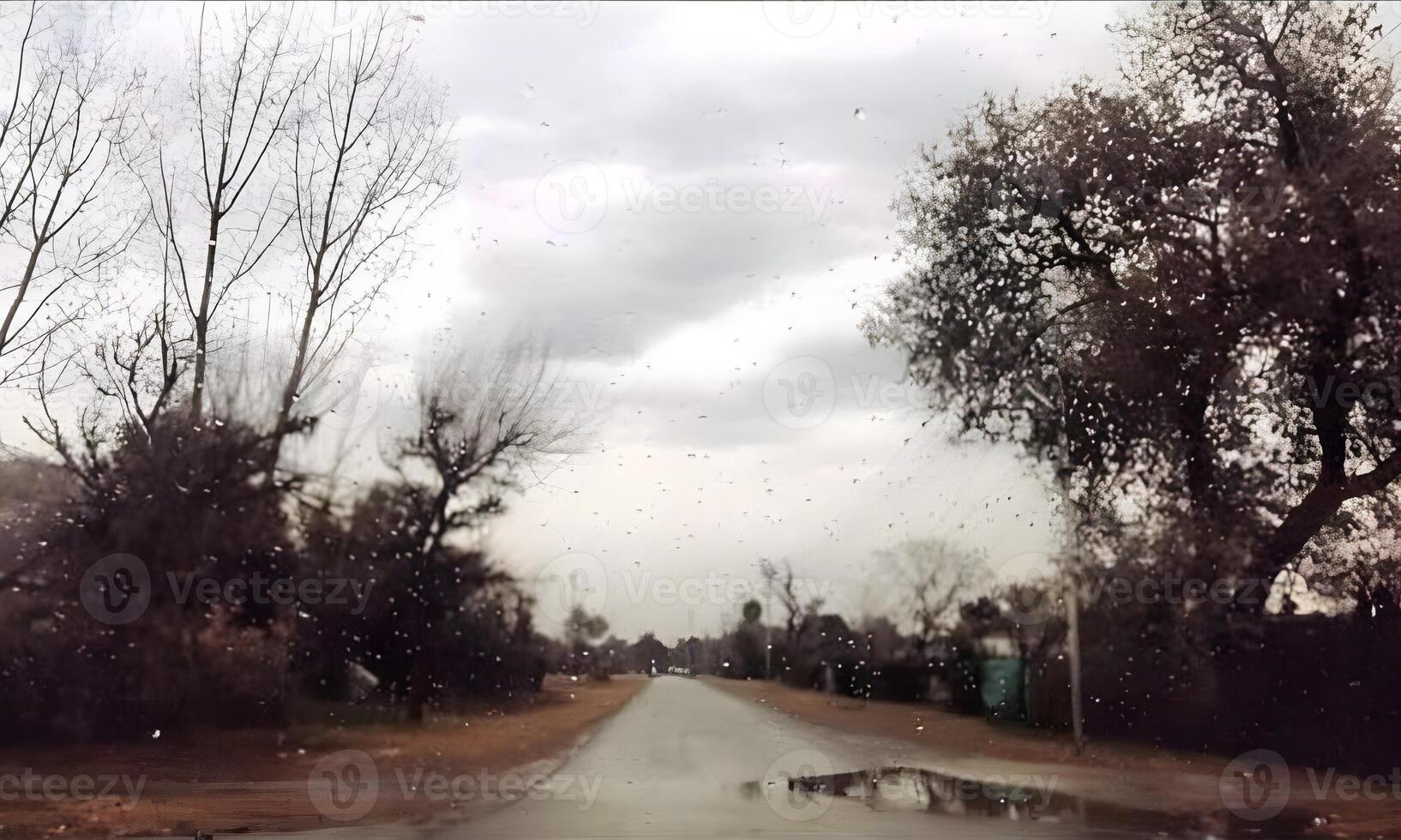 a wet road with trees and a cloudy sky photo