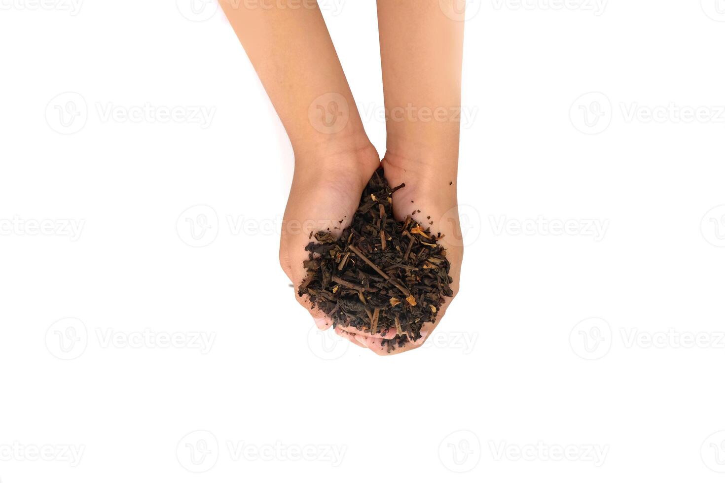 Black tea leaves in hand on white background photo