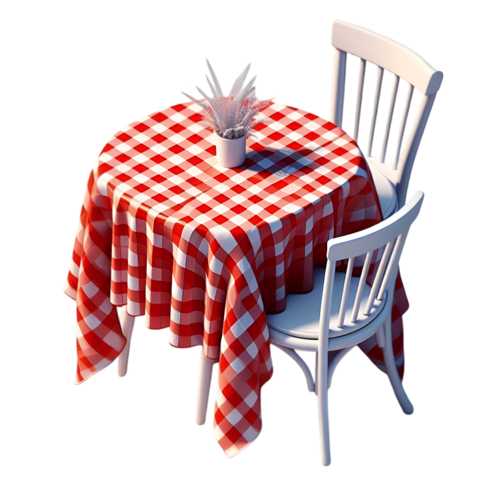 Table and chairs with a red and white checkered tablecloth isolated from background png
