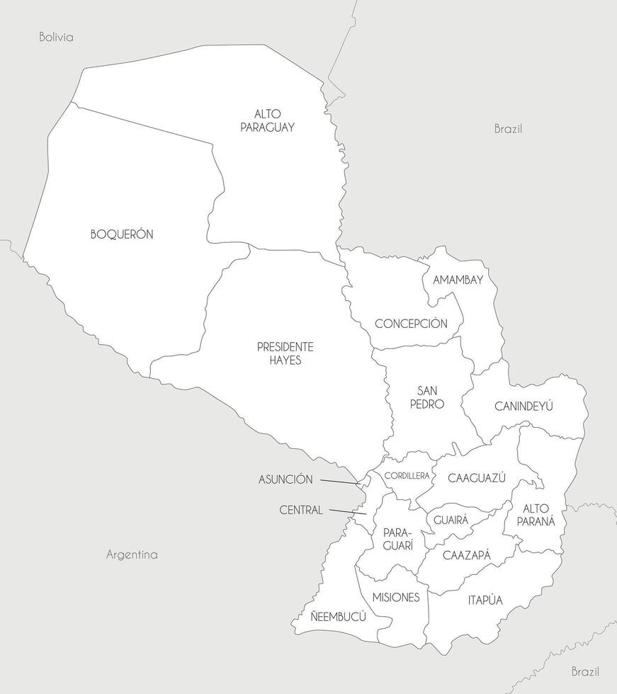 map of Paraguay with departments, capital district and administrative divisions, and neighbouring countries. Editable and clearly labeled layers. vector