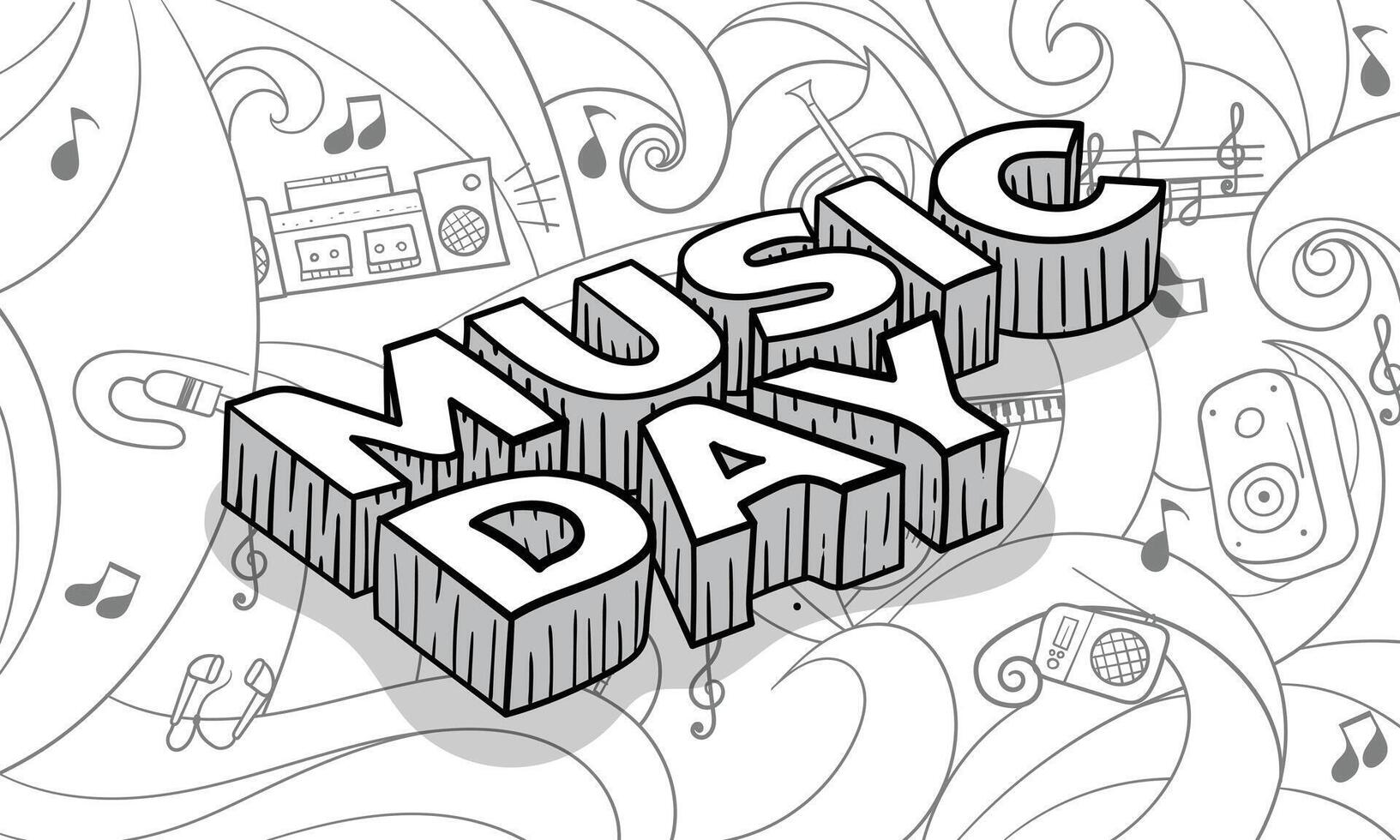 Typography design of music day in doodle art hand drawn with 3d concept and white background for music day campaign vector