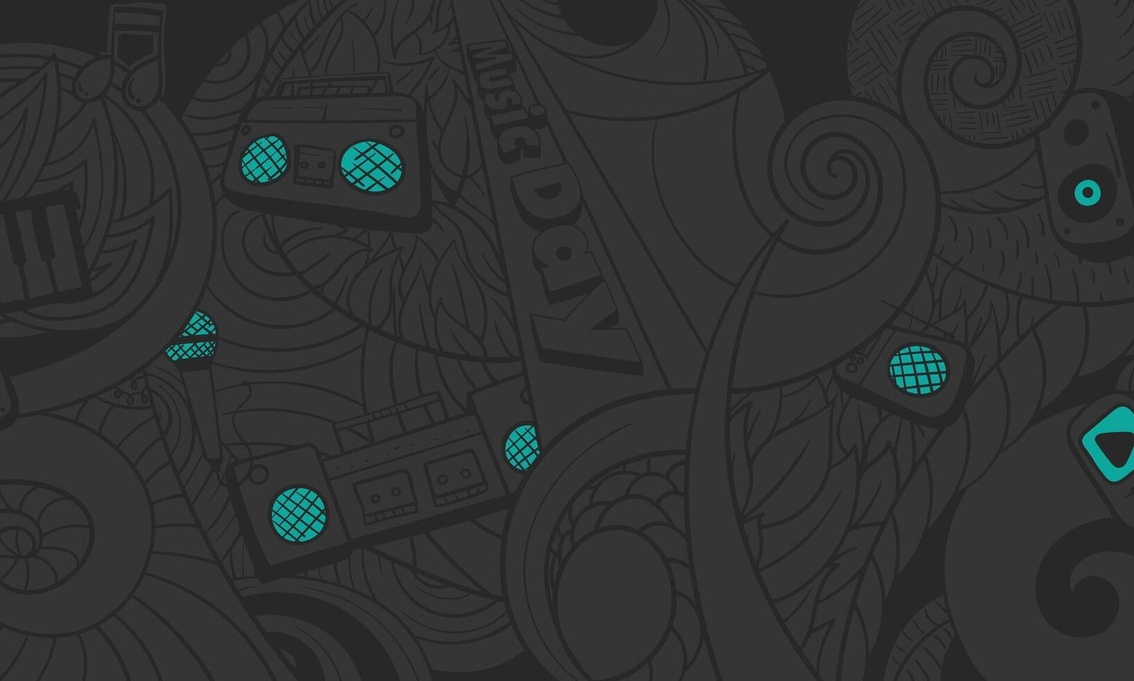 Black abstract doodle art with audio equipment design in hand drawn design with a slight green tint on some objects for world music day campaign vector