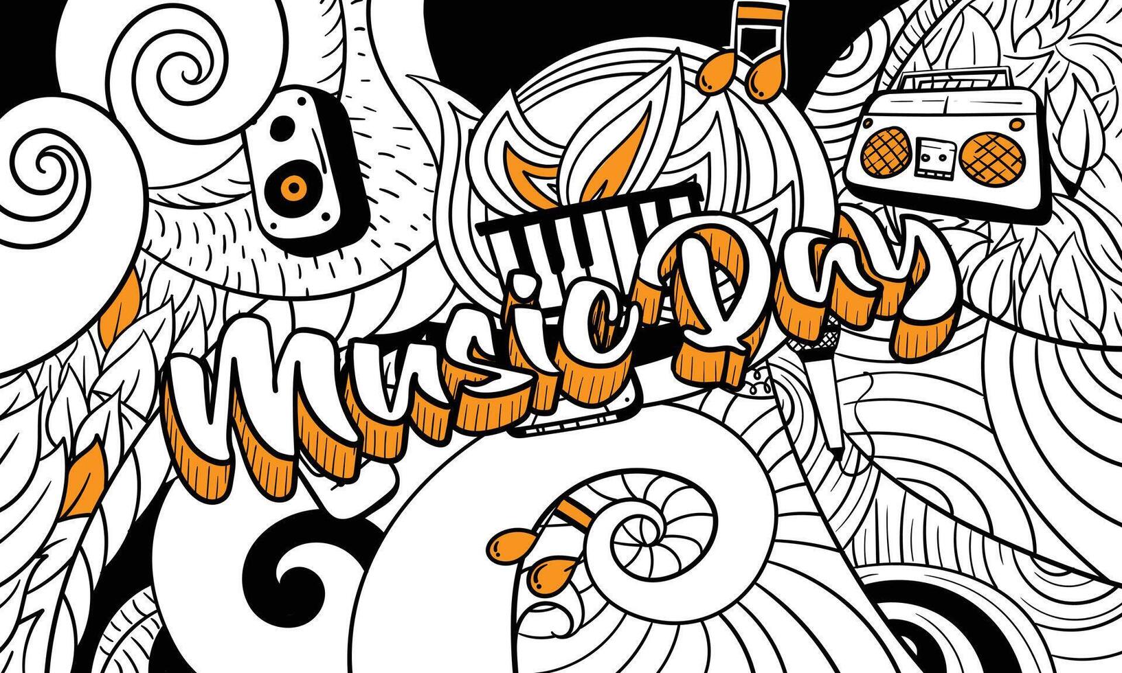 World music day typography design with doodle art abstract background design in black and white with little yellow and good for music background vector