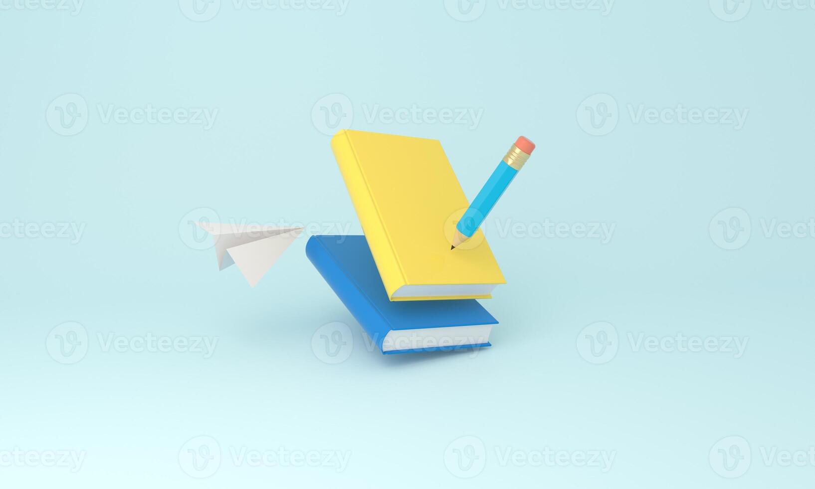 School Essentials - Pencil, Books, and Paper Plane on Blue Background photo