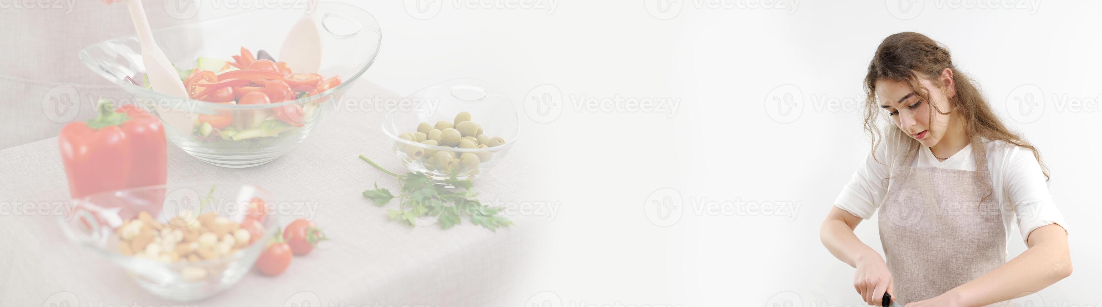 banner cook food crucible mold woman girl leaned over the table and cuts school girls close-up cooking something in an apron on a white background banner for advertising a restaurant food cafe photo