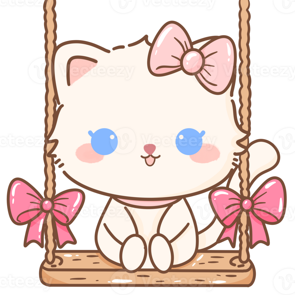 Hand drawn illustration Coquette style white kawaii cat kitty kitten wearing pink Ribbon Bow pastel color isolated on transparent background, perfect for valentines day gifts, nursery, swing png