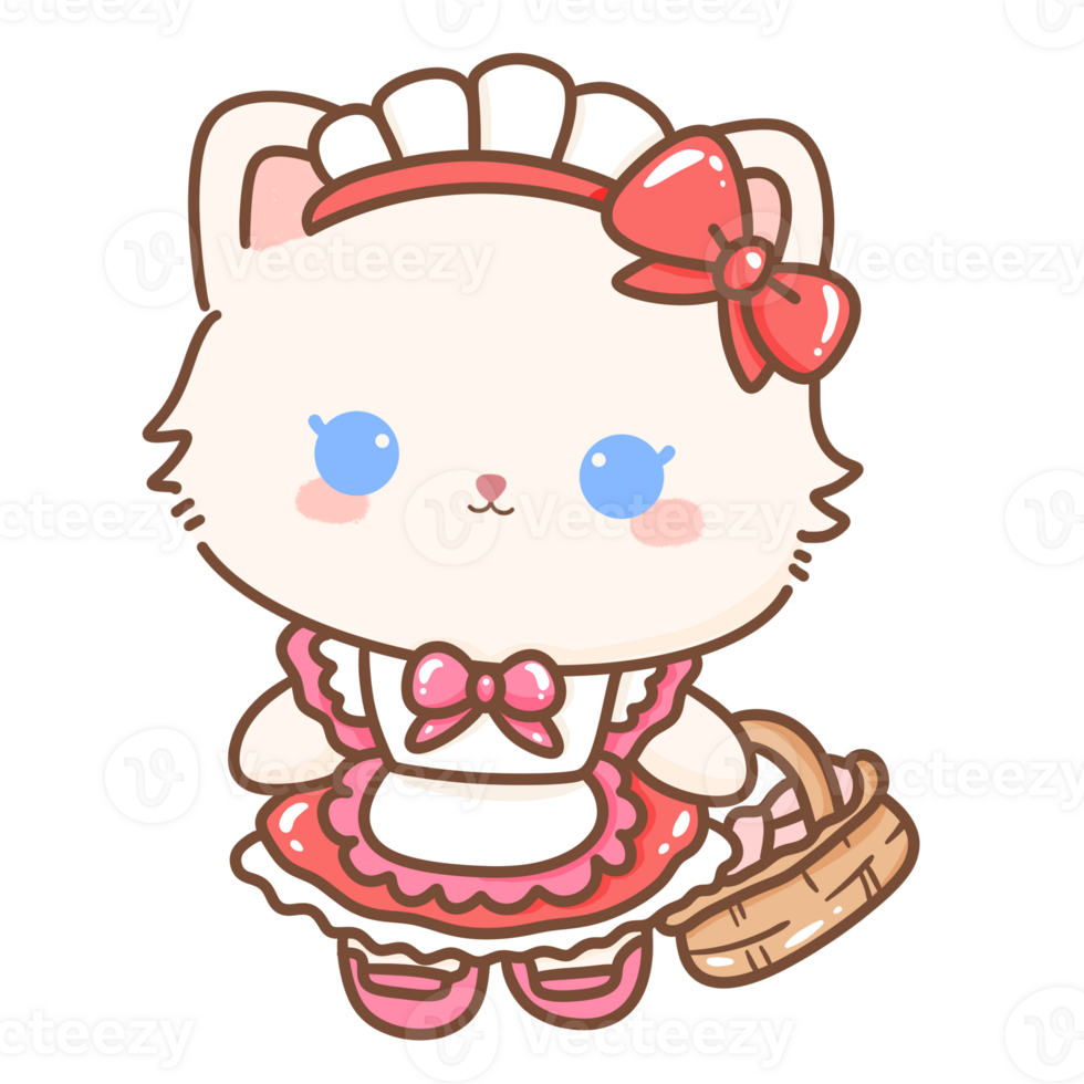 Hand drawn illustration Coquette style white kawaii cat kitty kitten wearing pink Ribbon Bow pastel color isolated on transparent background, perfect for valentines day gifts, nursery french maid png