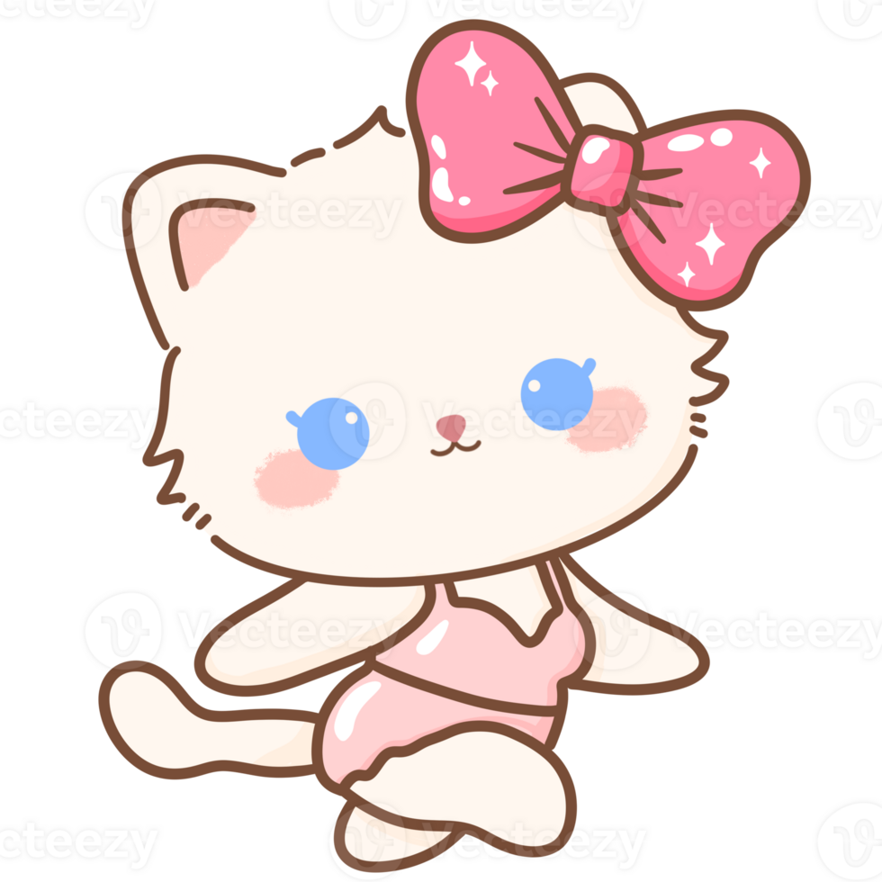 Hand drawn illustration Coquette style white kawaii cat kitty kitten wearing pink Ribbon Bow pastel color isolated on transparent background, perfect for valentines day gifts, nursery decorations png