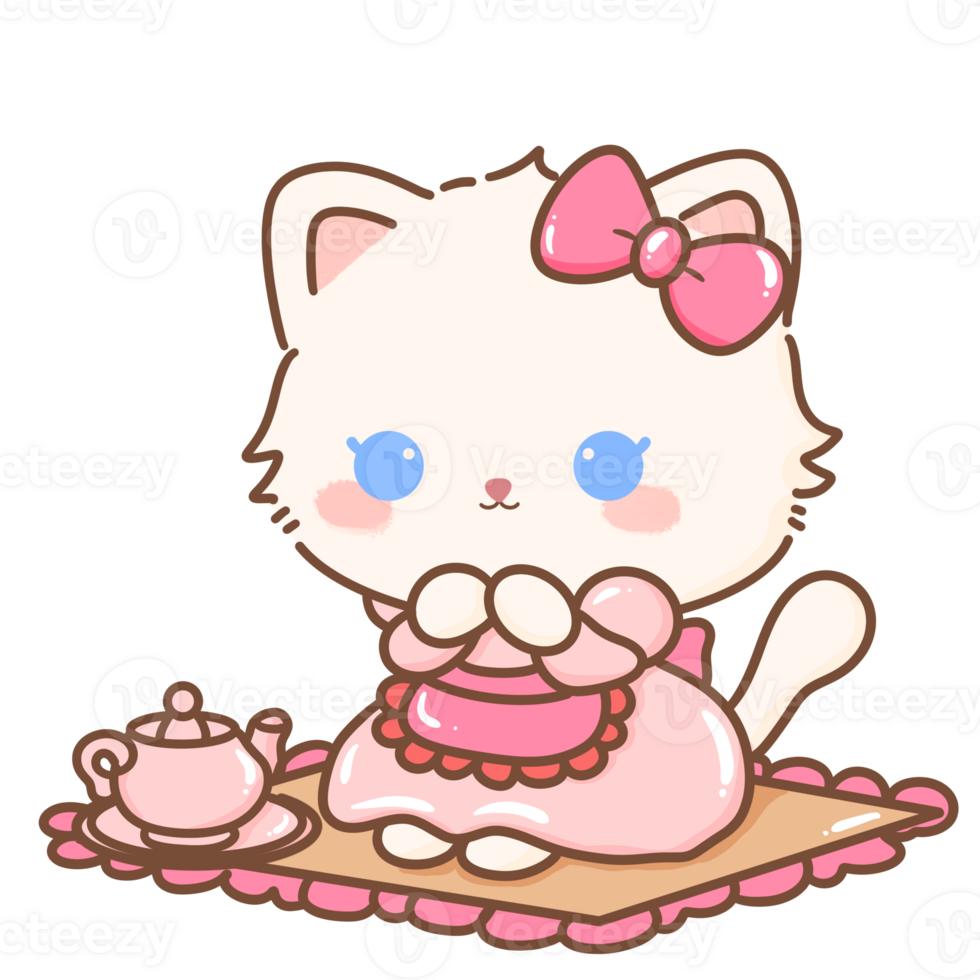 Hand drawn illustration Coquette style white kawaii cat kitty kitten wearing pink Ribbon Bow pastel color isolated on transparent background, perfect for valentines day gifts, nursery Tea party png