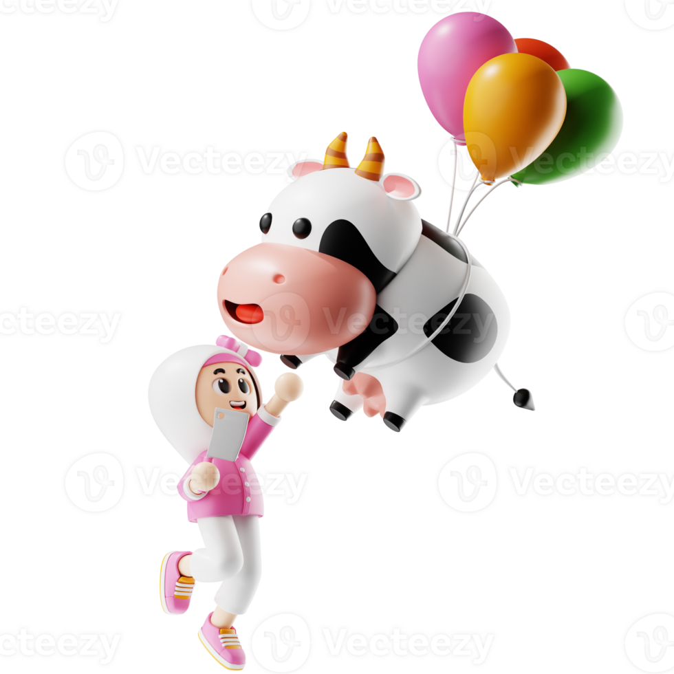 3d Girl Character Caughting A Flying Cow Pose png