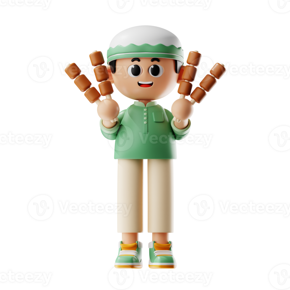 3d Character Boy Holding Satay Pose png