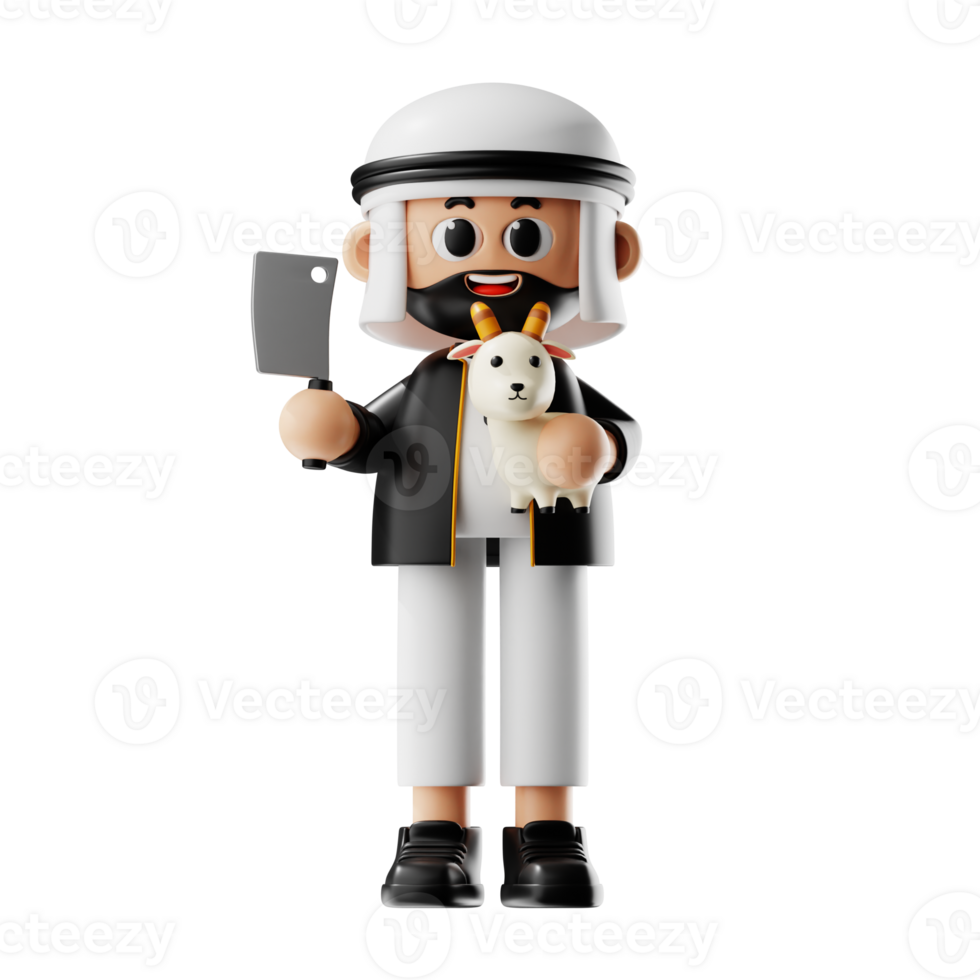 3d Character Holding Knife And A Goat Pose png