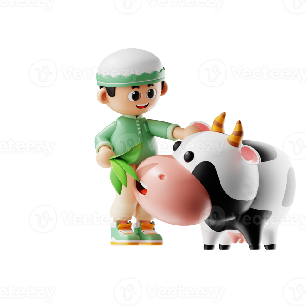 3d Character Boy Feed A Cow Pose png