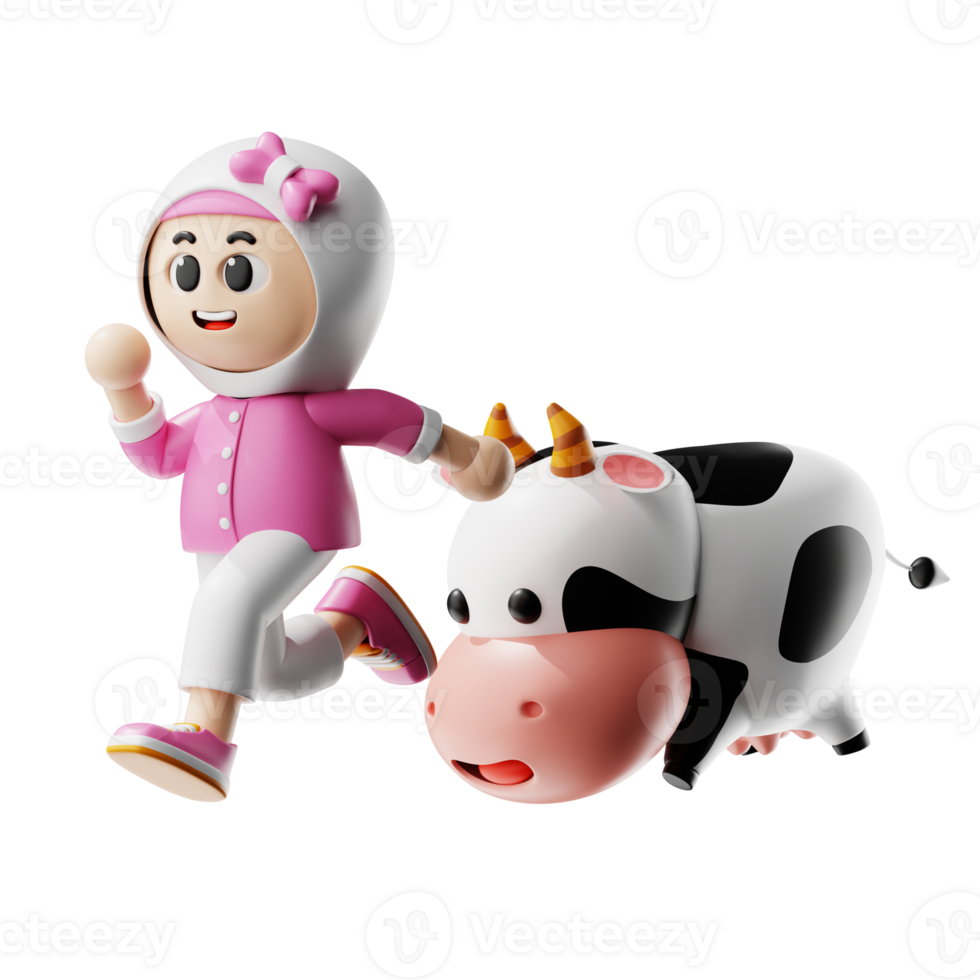 3d Girl Character Chased By A Cow Pose png