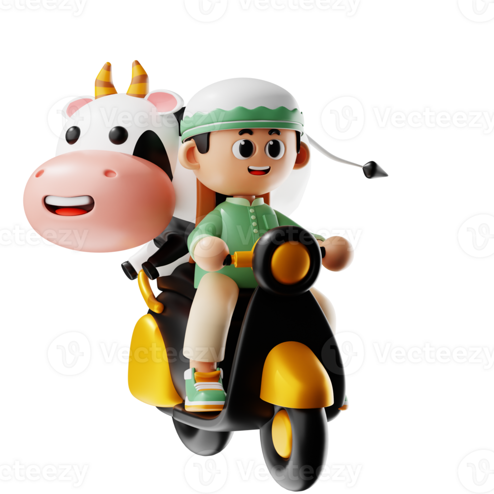 3d Character Boy Riding A Motorbike With A Cow Pose png
