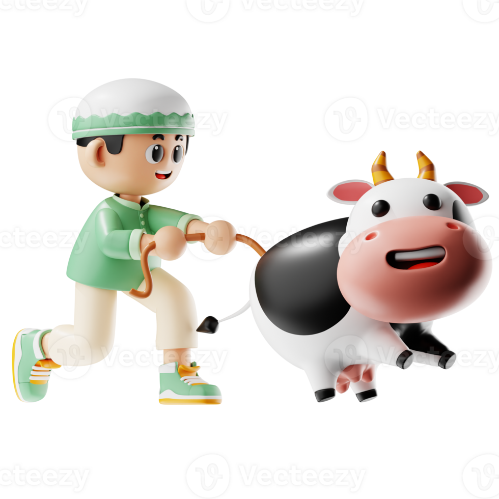 3d Character Boy Pulling A Cow Pose png