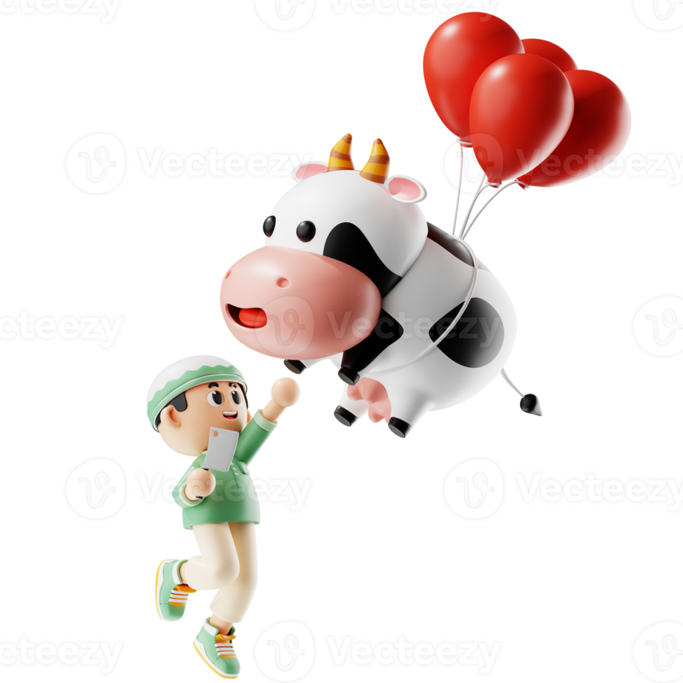 3d Character Boy Caughting A Flying Cow Pose png