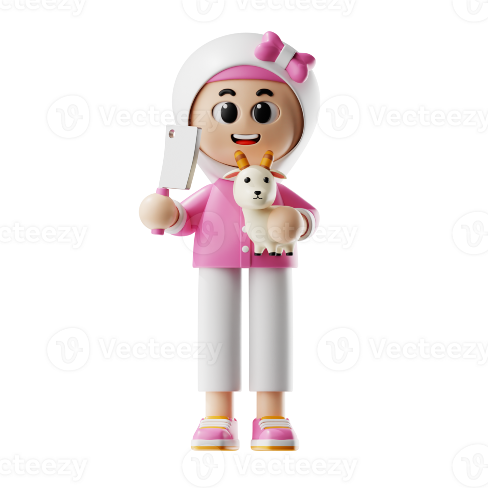 3d Girl Character Holding Knife And A Goat Pose png
