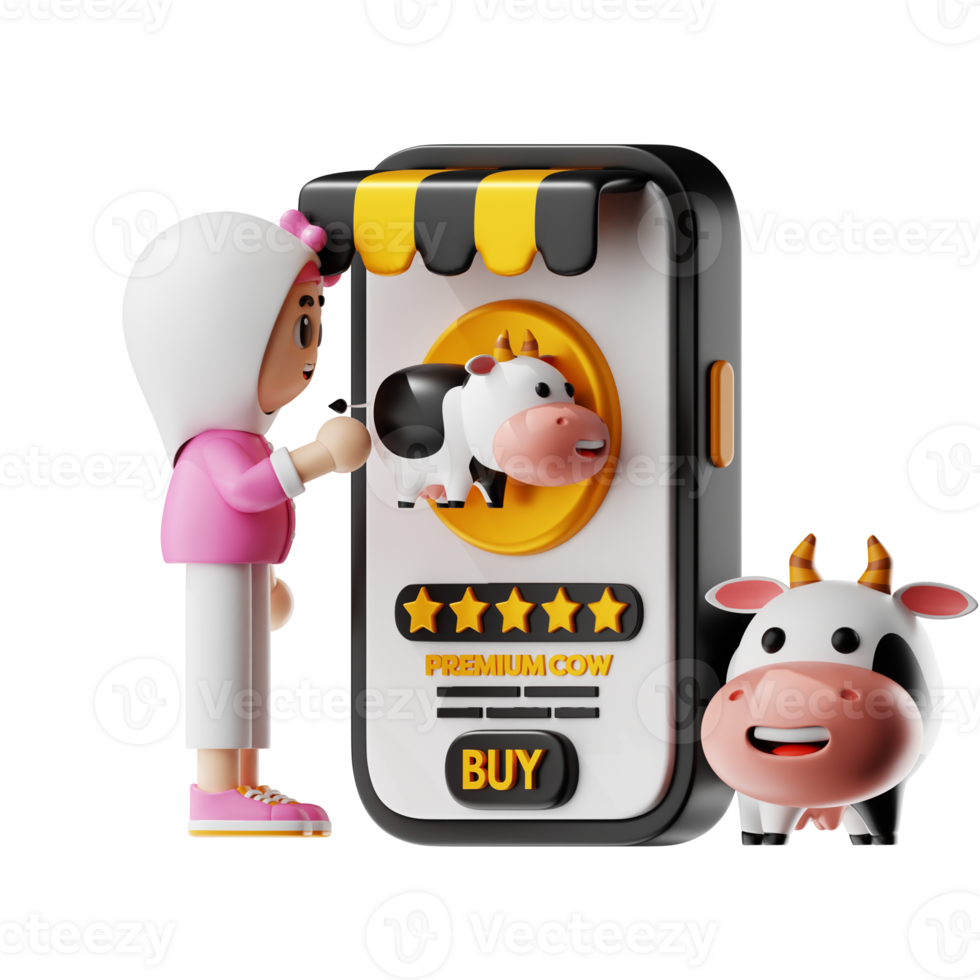 3d Girl Character Buying Cow Online Pose png