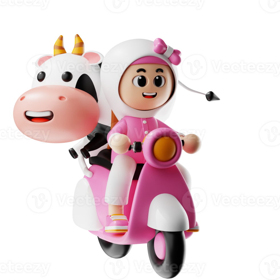 3d Girl Character Riding A Motorbike With A Cow Pose png