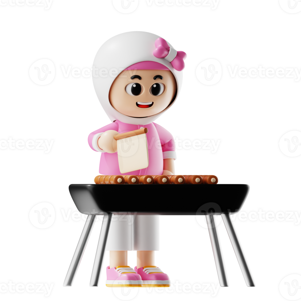 3d Girl Character Making Satay Pose png