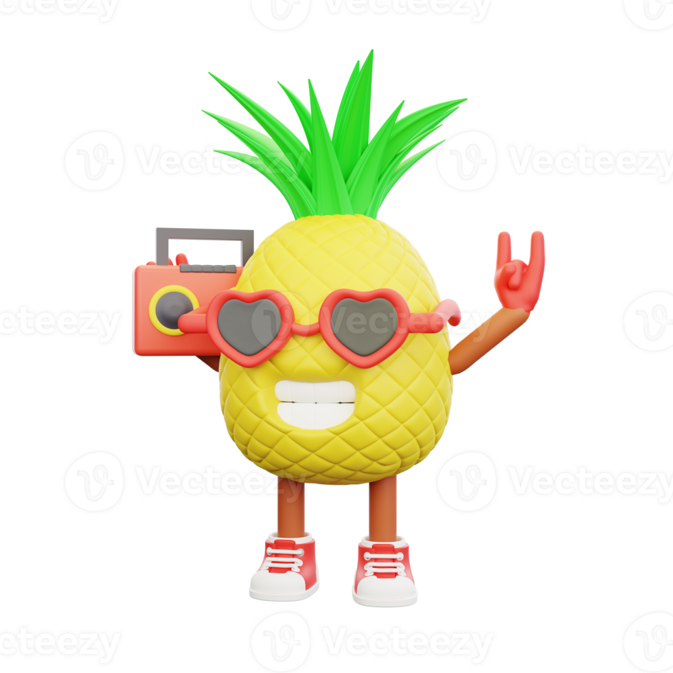 3D render design of a cute pineapple character for summer vacation png