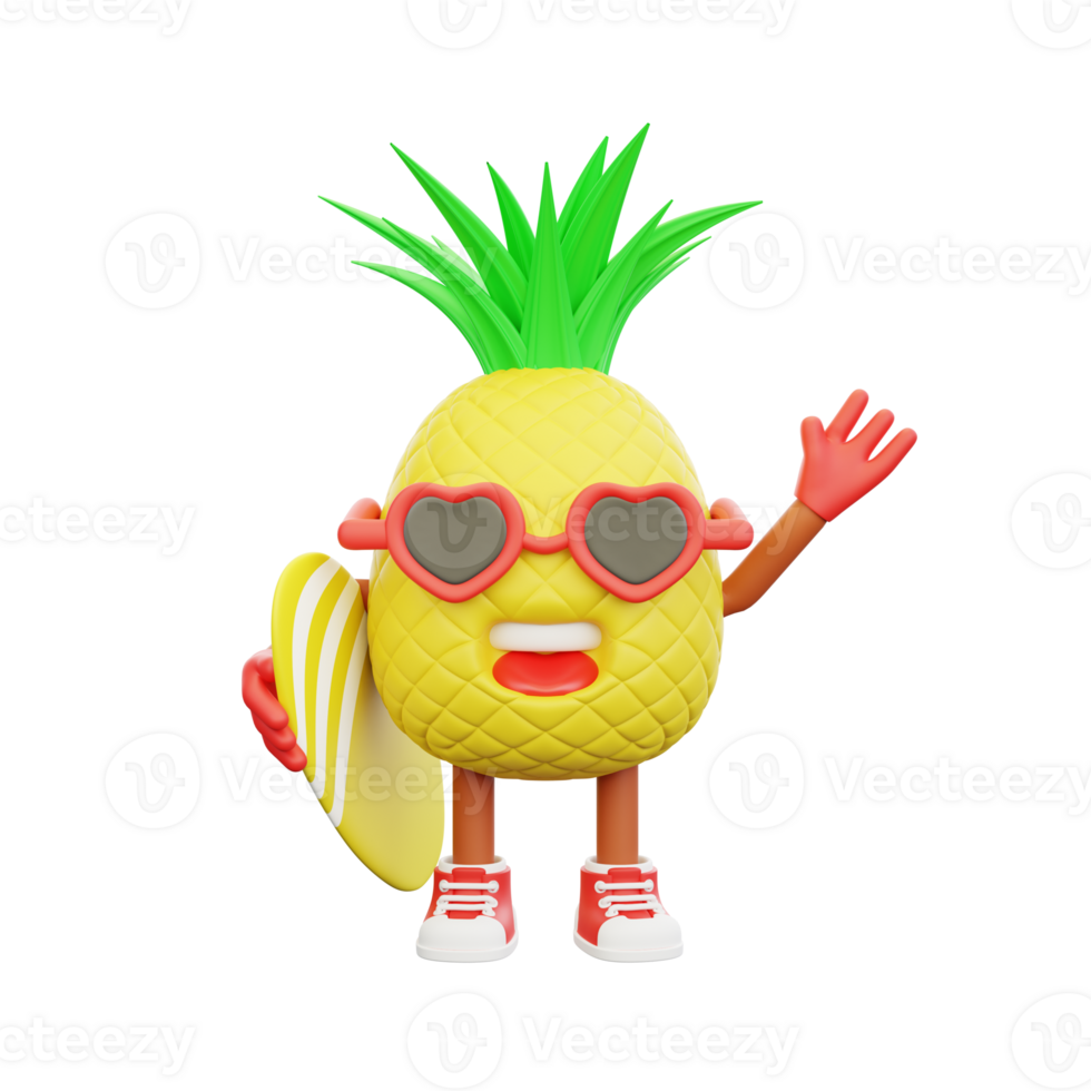3D render design of a cute pineapple character for summer vacation png