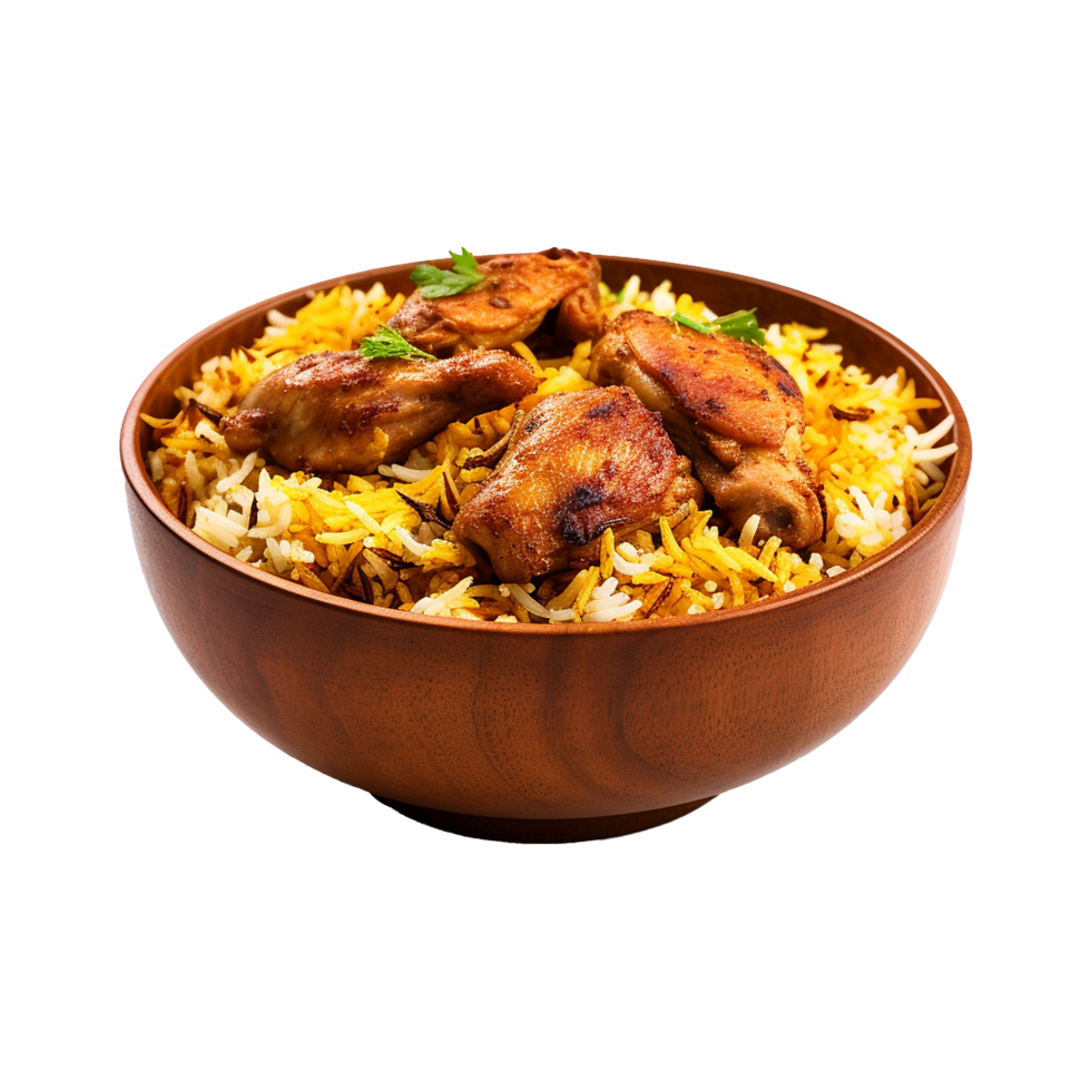 A bowl of chicken biryani isolated on transparent background png