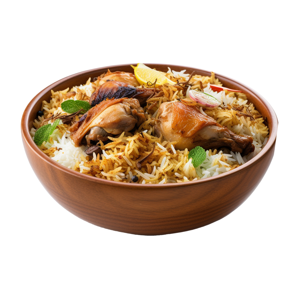 A bowl of chicken biryani isolated on transparent background png