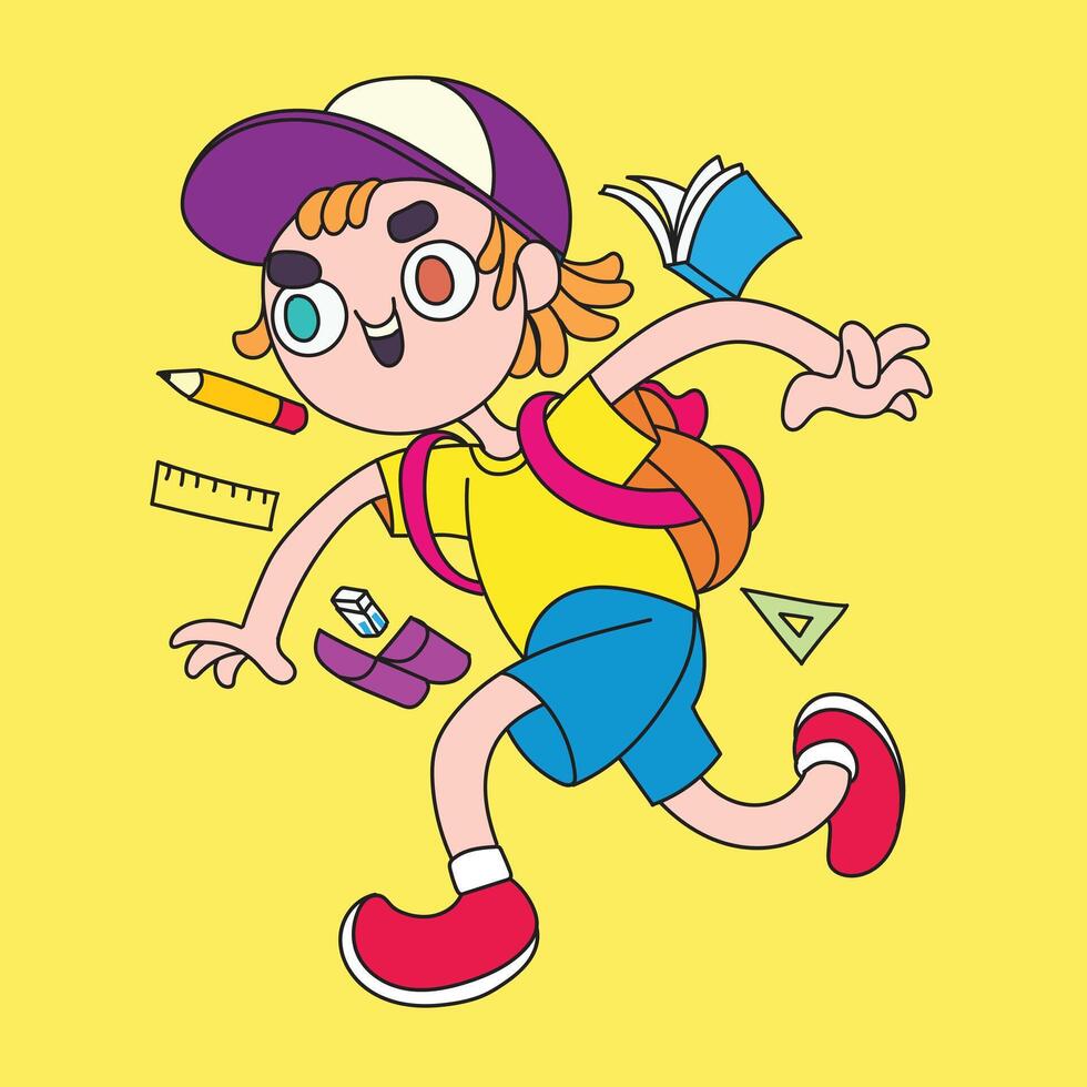 illustration of happy child going back to school, with pencil, book, eraser and pencil case. vector