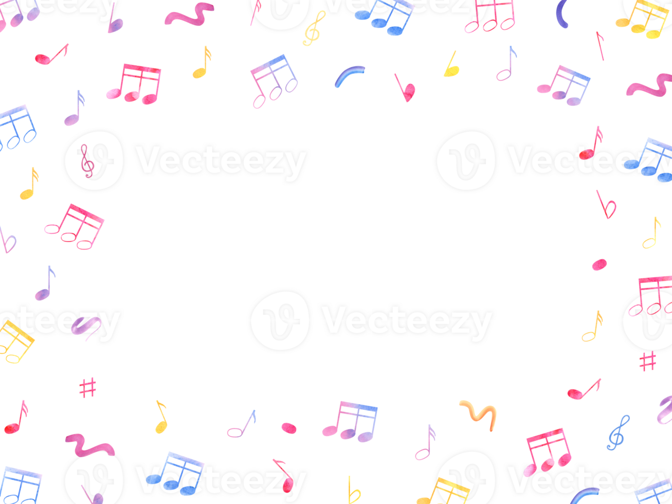 Music notes. Sound symbols in various colors. Horizontal frame with copy space for text. Audio elements, signal, voice recording. Watercolor illustration for musical school, greeting png