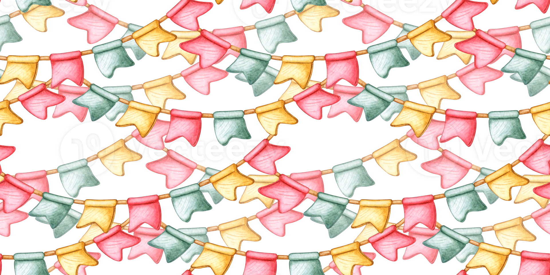Flags of yellow, red and green colors, garland on a rope pattern watercolor illustration. Isolated from background for universal use in greetings, invitations, decor and advertising. png