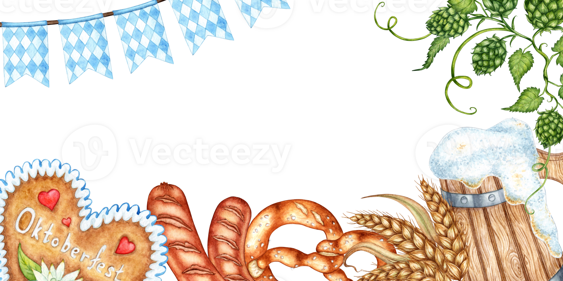 Beer festival banner isolated from background watercolor illustration. Traditional holiday elements wooden beer mug, gingerbread, sausages, holiday flags, wheat, hop leaves. png