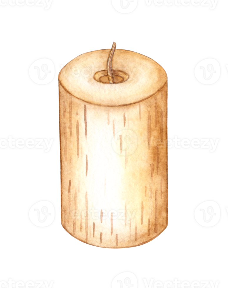 Rustic cylindrical candle with short wick watercolor illustration. Isolated from the background. The candle has a warm, natural tone and is perfect for adding a cozy touch to any design. png