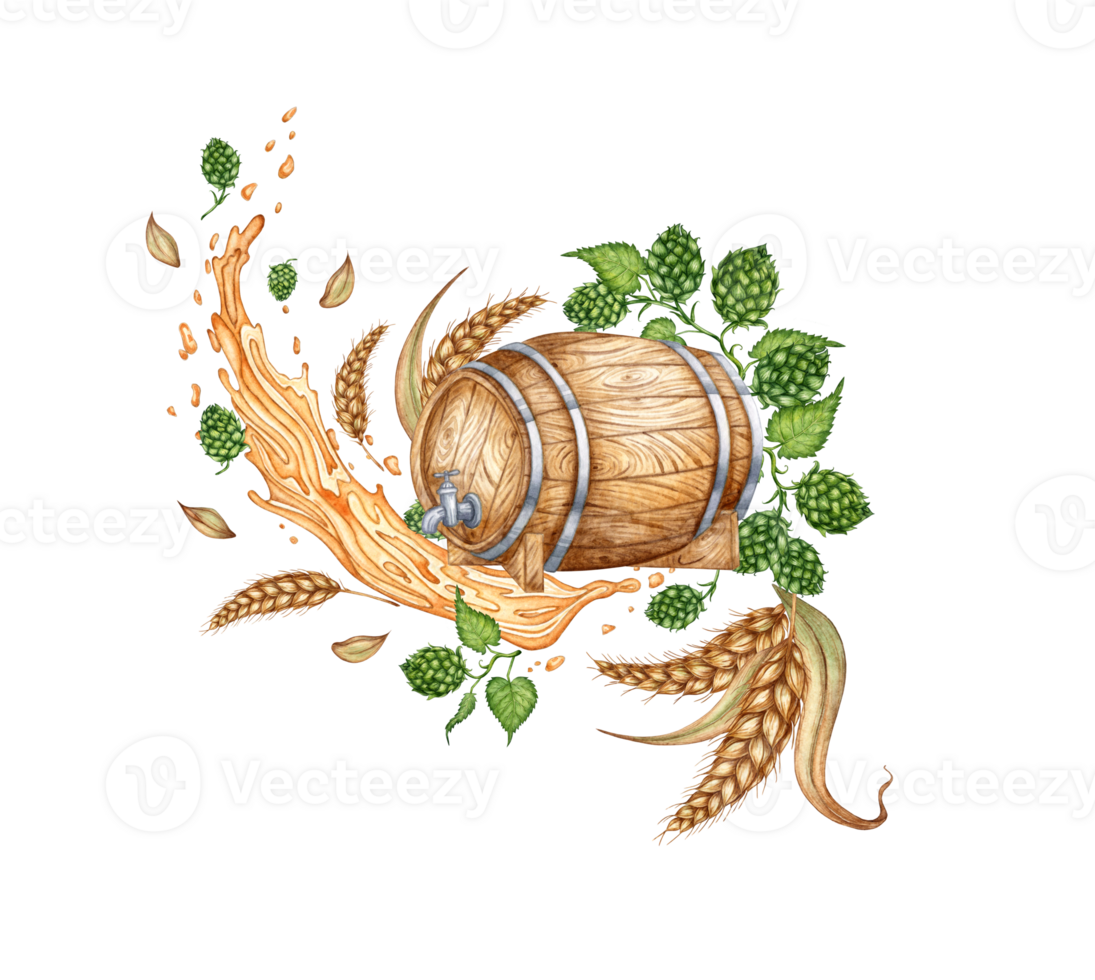 Wooden barrel with green hop leaves, ears of wheat for beer and other alcoholic drinks, watercolor illustration. Isolated from the background. Suitable for interior design, menus, product packaging. png
