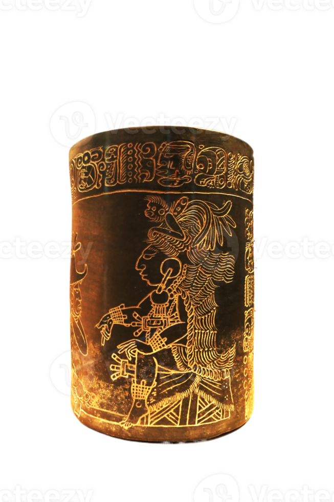 Late Classic, 600-900 AD Maya black cylindrical vessel, with a fine line incised scene that depicts an enthroned lord and seated figure from near Xcalumkin in the Puuc region, N. Campeche, Mexico. png