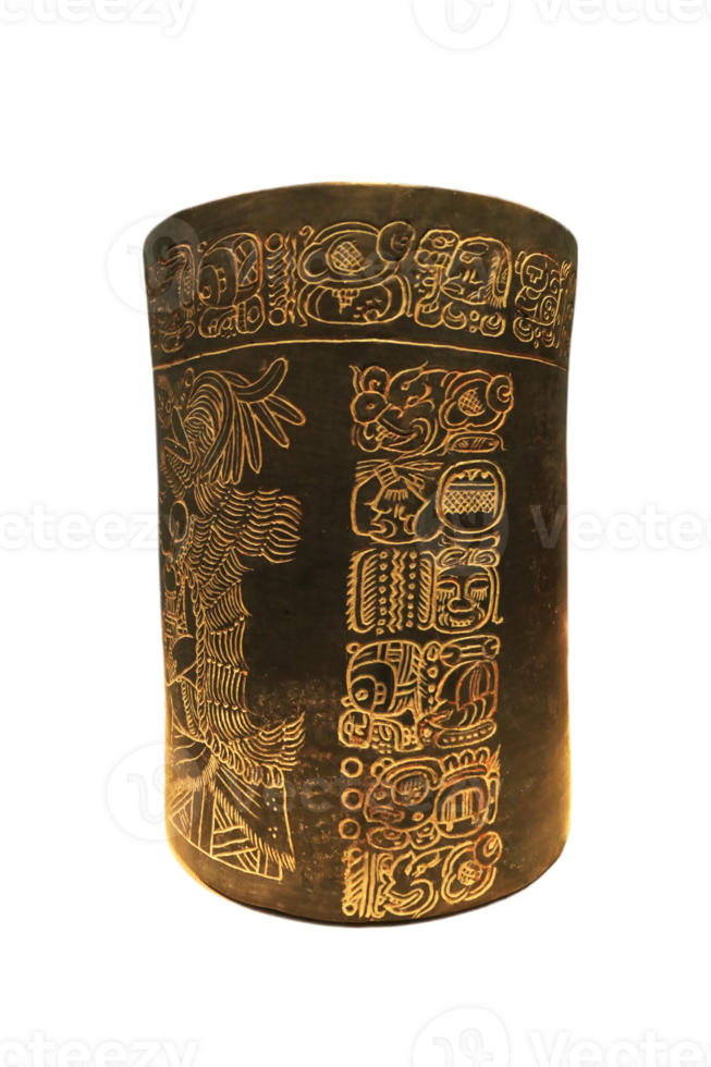 Late Classic, 600-900 AD Maya black cylindrical vessel, with a fine line incised scene that depicts an enthroned lord and seated figure from near Xcalumkin in the Puuc region, N. Campeche, Mexico. png