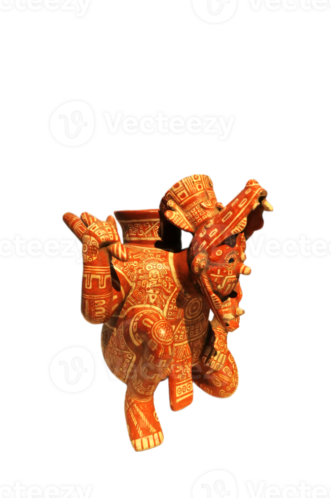 Mixtec style polychrome with elaborate painted white on red designs from El Chanal, Colima, Mexico is a spouted vessel in the form of a crouching, masked figure of a shaman impersonating a rain god. png