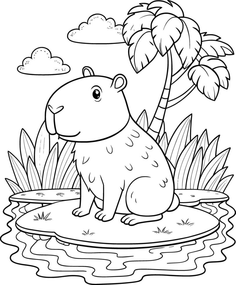 Capybara in a Bamboo Forest Coloring Page for Kids - Simple and Adorable vector